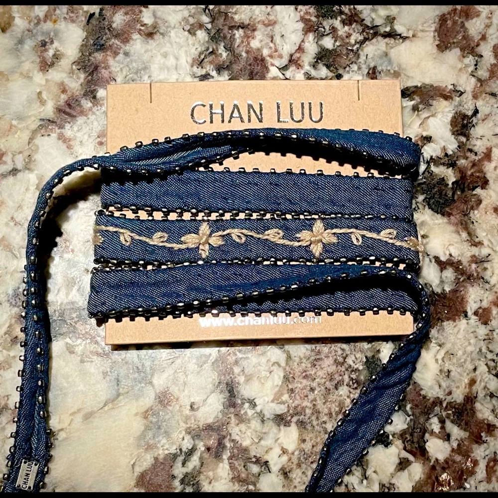 Chan Luu Embroidered Denim Wrap Necklace with Beading